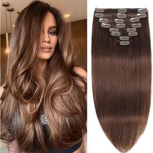 25”  Brown Clip-In Hair Extensions 100% Human Hair 7 pcs